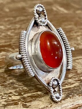 Sterling Silver Oval Southwestern Style Ring - Orange Red Center - Size 6.25